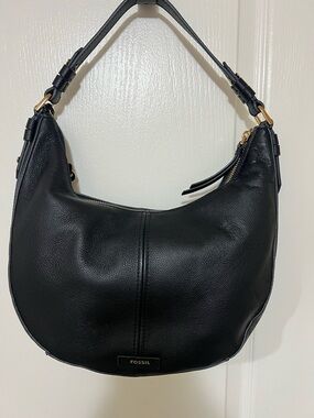 Fossil Black Pebbled Leather Hobo with Gold Hardware